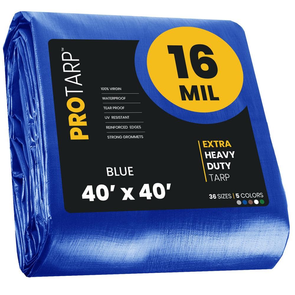 PROTARP 40 ft. x 40 ft. Blue Polyethylene Heavy Duty 16 Mil Tarp, Waterproof, UV Resistant, Rip