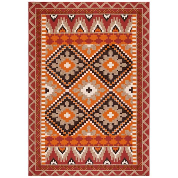 Veranda Rust/Red 9 ft. x 12 ft. Border Indoor/Outdoor Patio  Area Rug