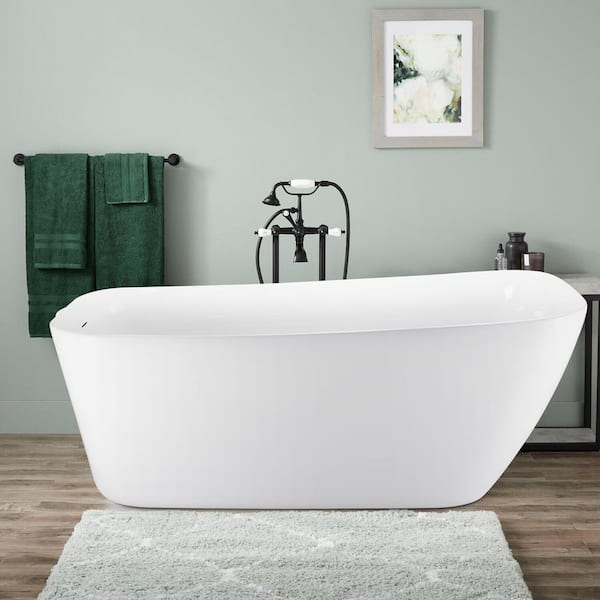 Mokleba Flatbottom 59 in. W. x 28 in. Acrylic Soaking SPA Tub Single Slipper Bathtub Polished Chrome Overflow and Drain in White
