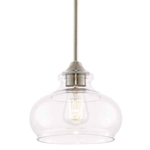 Kira Home Harlow 9 in. 60-Watt 1-Light Brushed Nickel Modern Schoolhouse Pendant Light with Clear Glass Shade