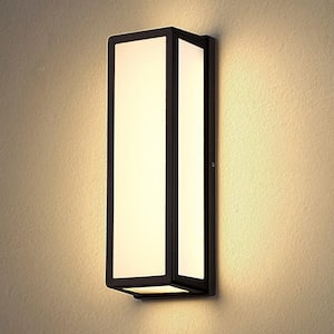 15.7 in. Black Cylinder Modern Integrated LED Indoor/Outdoor Porch Light Wall Lantern Sconce with White Shade