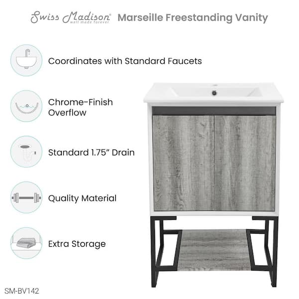 Marseille 24 in. Single, 2 Doors, Open Shelf Bathroom Vanity in White with White Countertop with White Basin