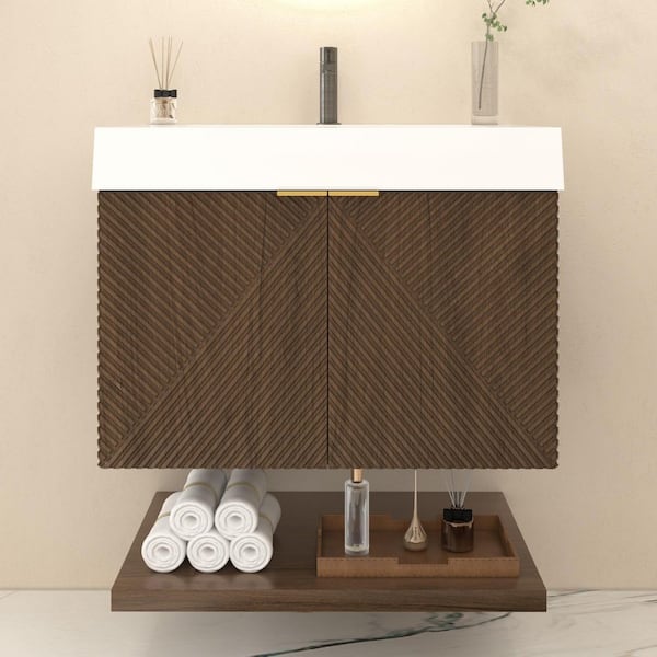 Stella 30 in. W x 20 in. D x 22 in. H Single Sink Chestnut Brown Bath Vanity with White Acrylic Top Floating Lower Shelf
