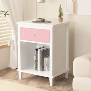 Wood Nightstand with Drawer and Shelf for Kids, Adults, Pink
