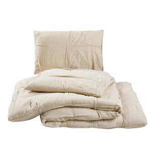 Riley Pleated 3-Piece Light Beige Cotton/Linen King Comforter Set