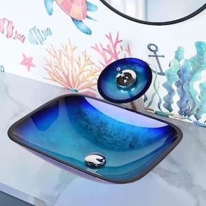 Tempered Glass Bathroom Sink Transitional Basin Waterfall Faucet, Blue