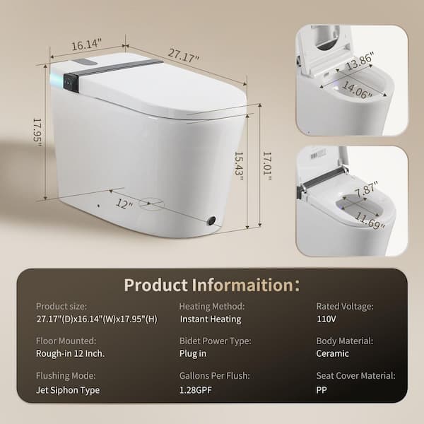 Elongated Smart Bidet Toilet 1.28 GPF in White with Auto Open/Close, Heated Seat, Warm Water Wash, and Dryer