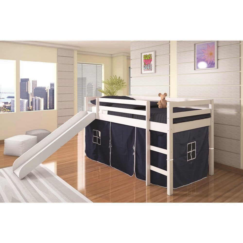 White Twin Pine Loft Bed with Blue Tent and Slide