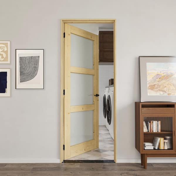 28 in. x 80 in. 3-Lite Frosted Glass Left Solid Core Pine Wood Single Interior Door with Quick Assemble Jamb