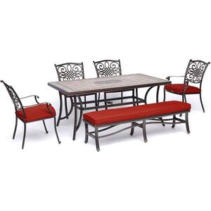 Monaco 6-Piece Aluminum Outdoor Dining Set with Red Cushions 4 Chairs, 1 Bench