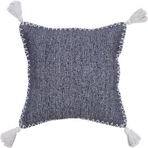 Solid Deep Blue / White 20 in. x 20 in. Tassels Stonewash Boho Farmhouse Embroidered Edge Indoor Throw Pillow
