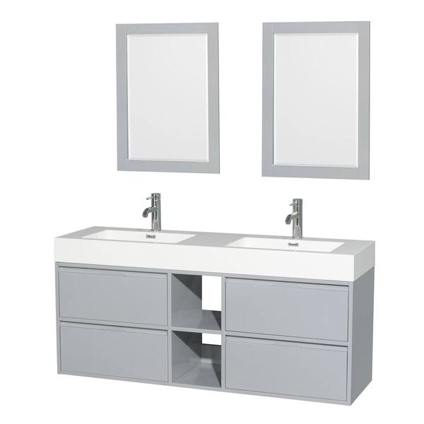 Wyndham Collection Daniella 60 in. W x 18 in. D Vanity in Dove Gray with Acrylic Vanity Top in White with White Basins and 24 in. Mirrors
