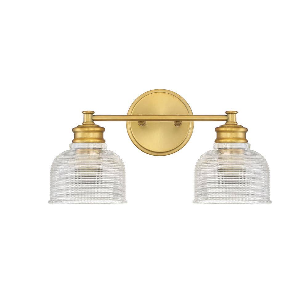 Natural Brass Dimmable 2-Light Vanity Fixture with Textured Glass Shades