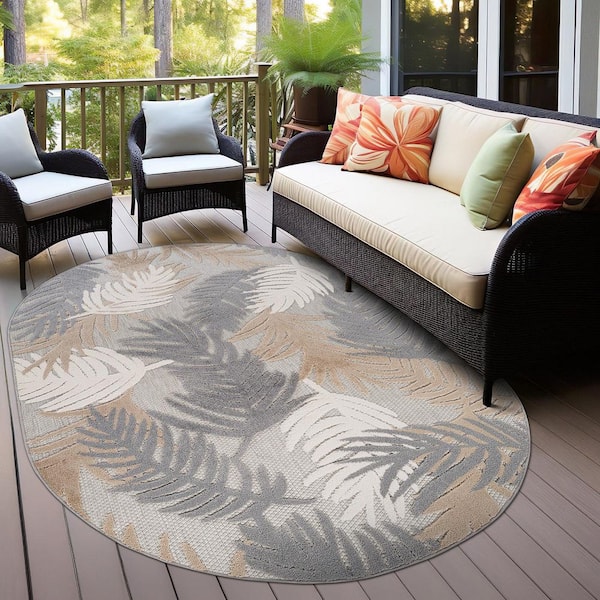 Tropical Floral Modern Indoor/Outdoor Beige 5 ft. x 7 ft. OVAL Area Rug