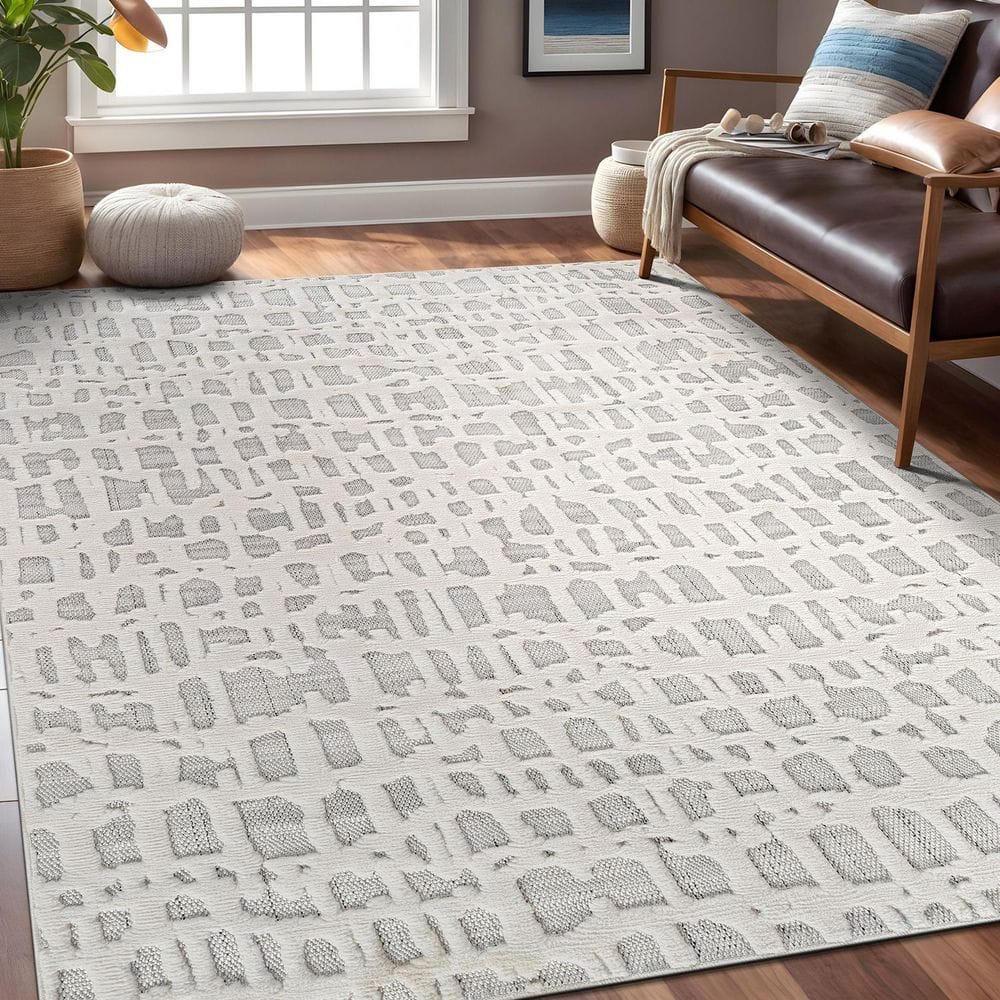 Gray and White Synthetic Flat Woven Rectangular Area Rug 5' x 7'