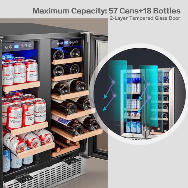Dual zone 24 in.18-Bottle Wine and 57-Can Beverage Cooler Fridge with Stainless Steel door