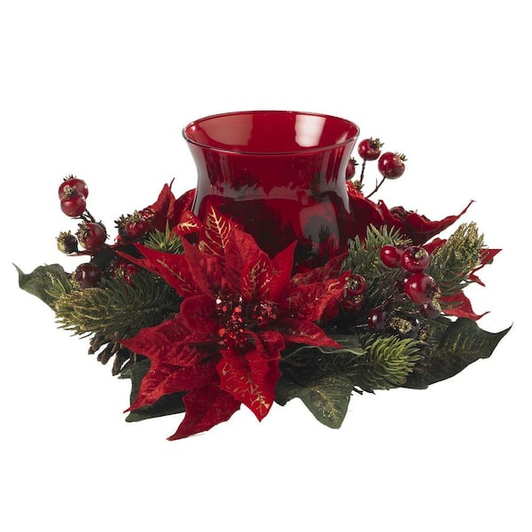 Nearly Natural 6.5 in. H Indoor Artificial Poinsettia and Berry Candelabrum