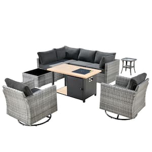 Sanibel Gray 9-Piece Wicker Outdoor Patio Conversation Sofa Sectional Set with a Storage Fire Pit and Black Cushions