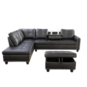 104 in. Square Arm 3-Piece Faux Leather L-Shaped Sectional Sofa in Black