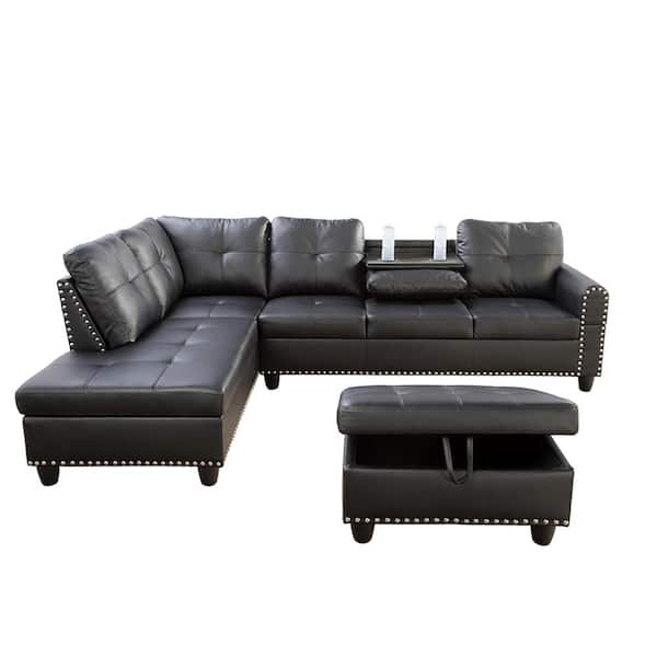 Star Home Living 104 in. Square Arm 3-Piece Faux Leather L-Shaped Sectional Sofa in Black