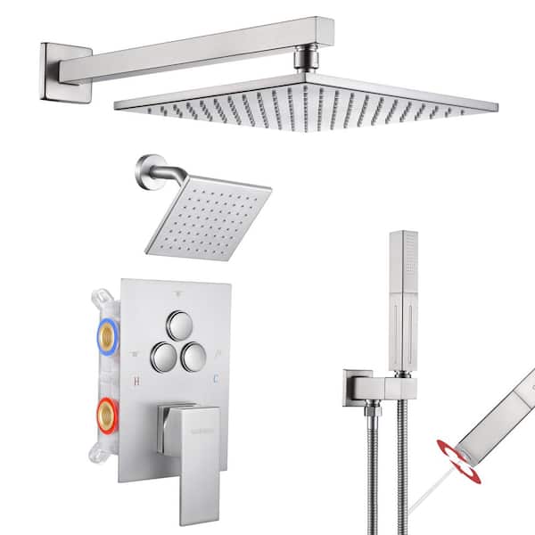 Luxury Single Handle 2-Spray Shower Faucet 1.8 GPM with 10 in. Rainfall and Pressure Balance Valve in Brushed Nickel