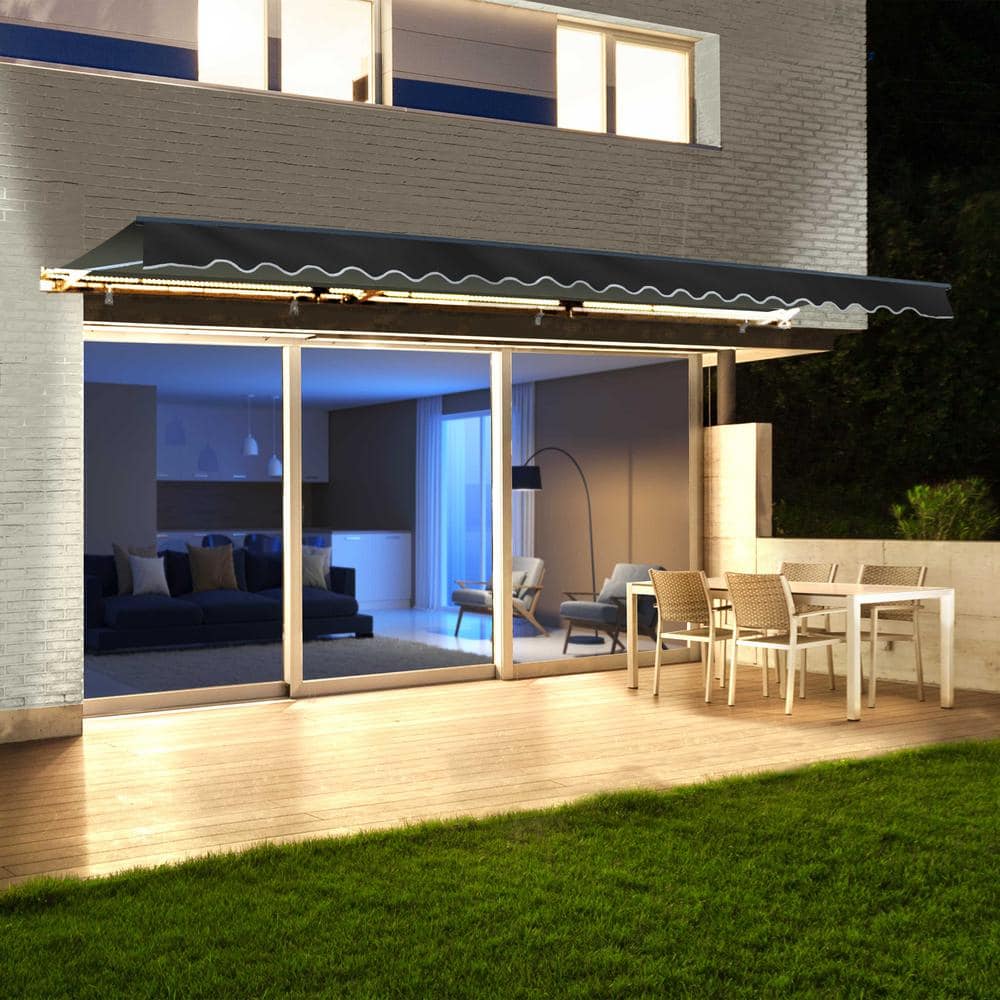 Black Motorized Retractable Patio Awning with LED Lights, 13' x 10'