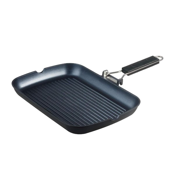 Black Hard-Anodized Aluminum Nonstick Grill Pan with Collapsible Handle and Pour Spouts for Induction Stove Tops