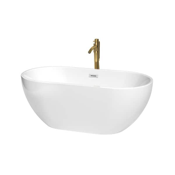 Wyndham Collection Brooklyn 60 in. Acrylic Flatbottom Bathtub in White with Polished Chrome Trim and Brushed Gold Faucet