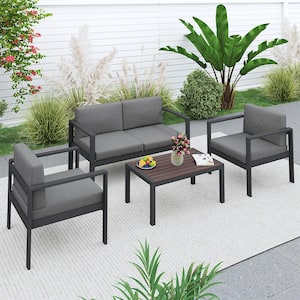 Black Modern 4-Piece Aluminum Patio Conversation Set, Garden Outdoor Sofa Seating Group Set with Dark Gray Cushions