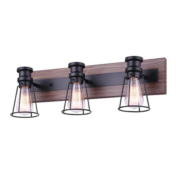 CANARM Blake 24 in. 3-Light Matte Black and Faux Wood Vanity Light