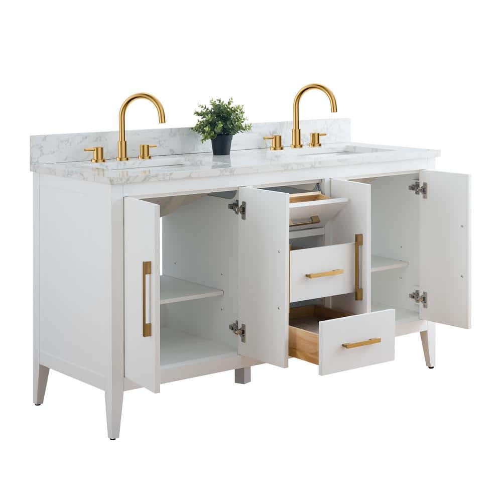 60" White Double Sink Bathroom Vanity with Gold Hardware