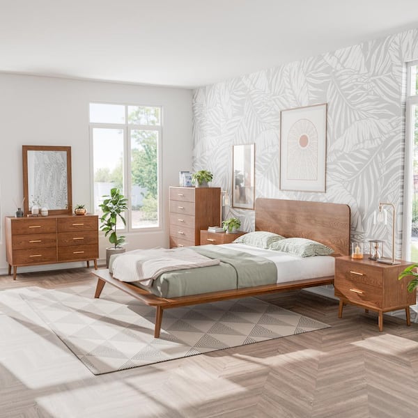 Riverstone 6-Piece Mid Century Walnut Wood Queen Platform Bedroom Set with Anti-Tip Interlock System