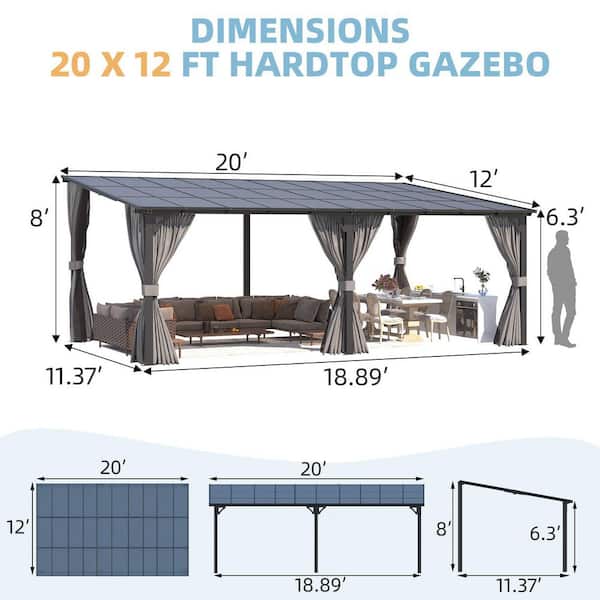 20 ft. x 12 ft. Outdoor Hard Top Gazebo for Patio, Large Wall-Mounted Lean to Pergola with Curtains and Netting