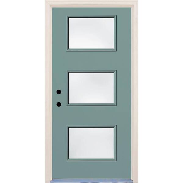 Builders Choice 36 in. x 80 in. Surf Right-Hand 3 Lite Clear Glass Painted Fiberglass Prehung Front Door with Brickmould
