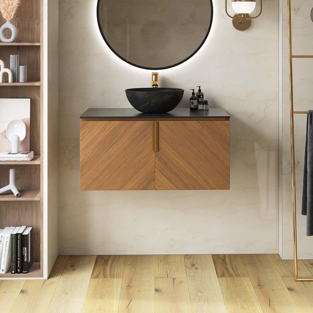 36 in. Wall-Mounted Single Sink Brown Oak Bath Vanity with Black Sintered Stone Top and Black Ceramic Basin price history on PriceWatchPro