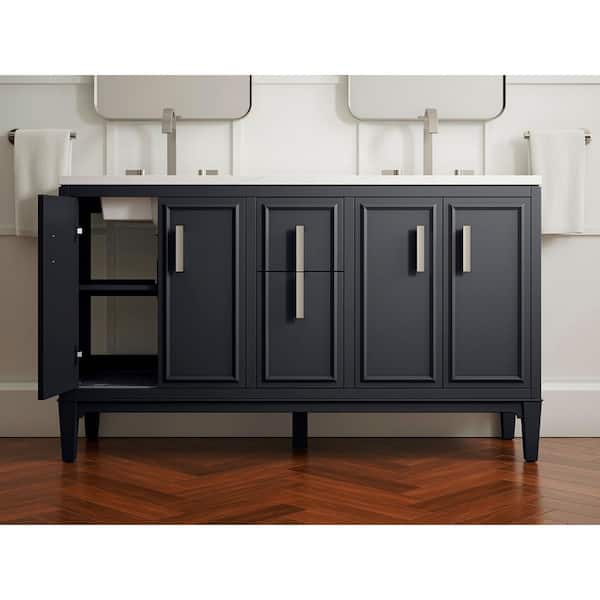 KOHLER Southerk 60.43in. Double Sink Freestanding Slate Grey Bath Vanity with White Quartz Top Assembled