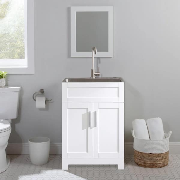 Tatayosi White Laundry Tub Cabinet with Stainless Steel Sink and Faucet