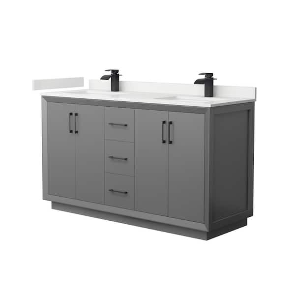 Wyndham Collection Strada 60 in. W x 22 in. D x 35 in. H Double Bath Vanity in Dark Gray with White Quartz Top