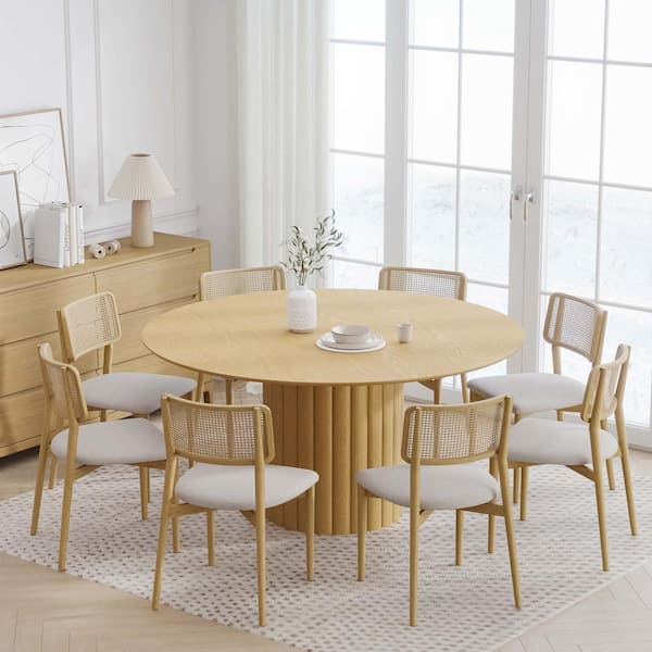 Dovelina 60 in. Natural Oak Wood Color Column Pedestal Round Kitchen Table Dining Table Seats 6