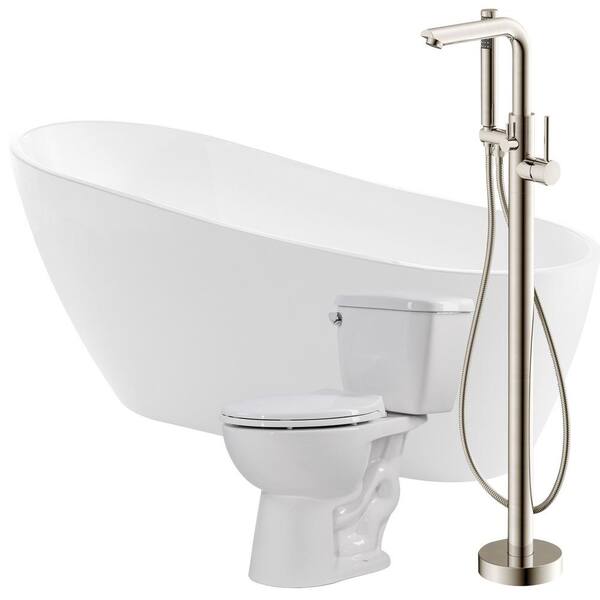 ANZZI Trend 67 in. Acrylic Flatbottom Non-Whirlpool Bathtub with Sens Faucet and Author 1.28 GPF Toilet