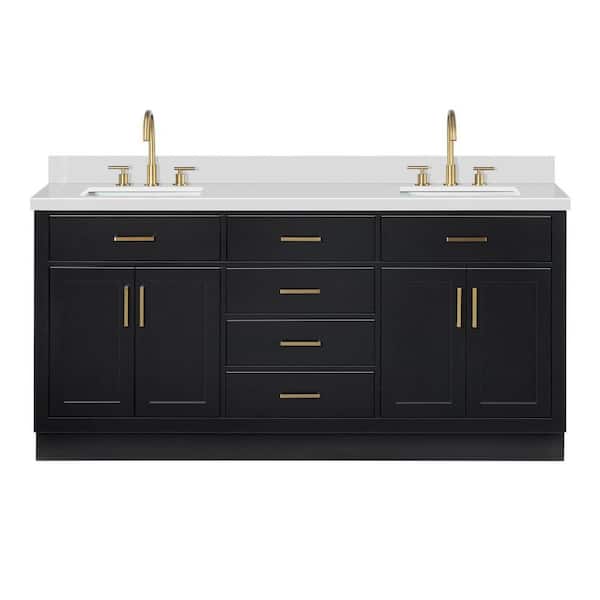 Hepburn 72 in. Double Sink Freestanding Bathroom Vanity in Black with Pure White Quartz Top