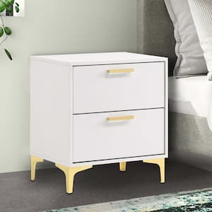 White and Gold 2-Drawer 21.75 in. Wooden Nightstand