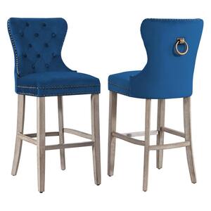 Harper 29 in. Royal Blue Velvet Tufted Wingback Kitchen Counter Bar Stool with Solid Wood Frame, Antique Gray