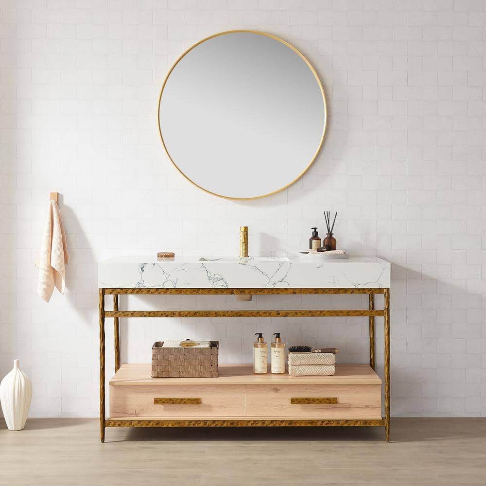 Dhaka 55.1 in. W x 22 in. D x 33.9 in. H Single Bath Vanity in Yellow Bronze Metal Support w/White Composite Stone Top price history on PriceWatchPro