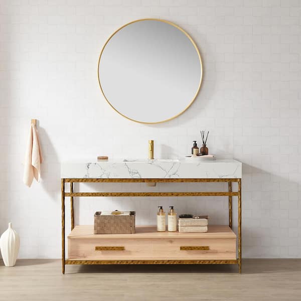 Dhaka 55.1 in. W x 22 in. D x 33.9 in. H Single Bath Vanity in Yellow Bronze Metal Support w/White Composite Stone Top