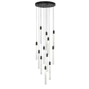 12-Lights Traic Dimmable Integrated LED Crystal Chandelier for Stairs Living Room, Black Ceiling Plate