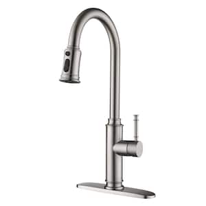 Single Handle Pull Down Sprayer Kitchen Faucet with Deckplate, Pull Out Spray Wand in Stainless Steel Brushed