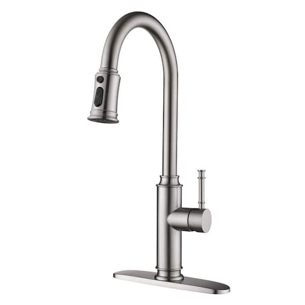 Single Handle Pull Down Sprayer Kitchen Faucet with Deckplate, Pull Out Spray Wand in Stainless Steel Brushed