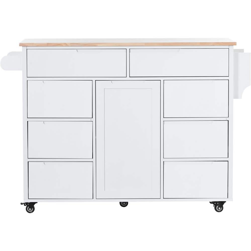  White Rubber Wood Kitchen Cart with Towel Holder, Spice Rack and 8-Handle-Free Drawers