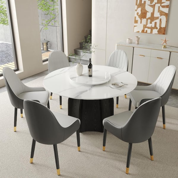 J&E Home White Marble Top 59.05 in. Pedestal Round Dining Table with 360 Degree Rotating Tabletop (Seats 8)